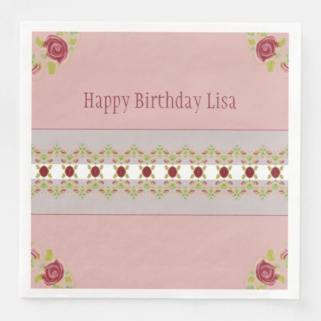 Guardanapo De Papel De Jantar Rosa Com Floral (Frente)