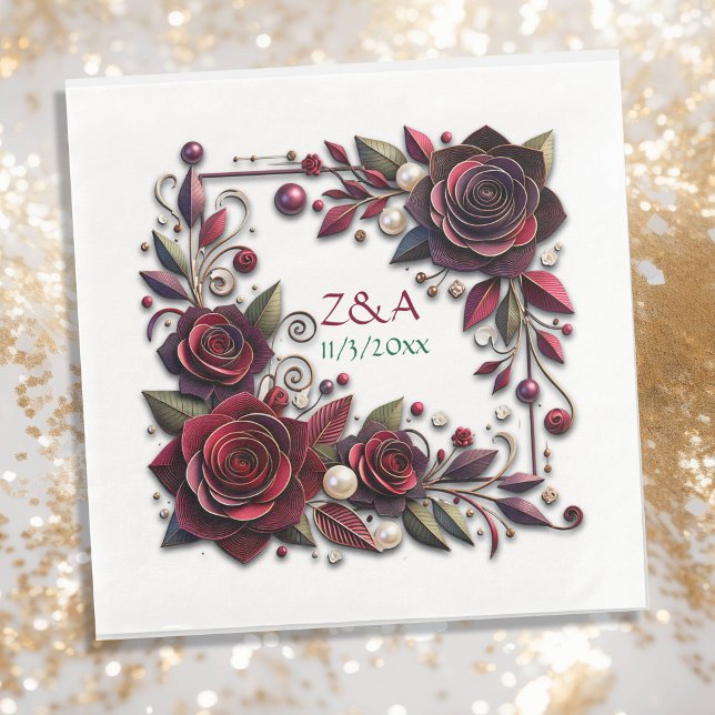 Guardanapo De Papel De Jantar Rosas Borgonhosos bonito Monogramas Florais (Criador carregado)