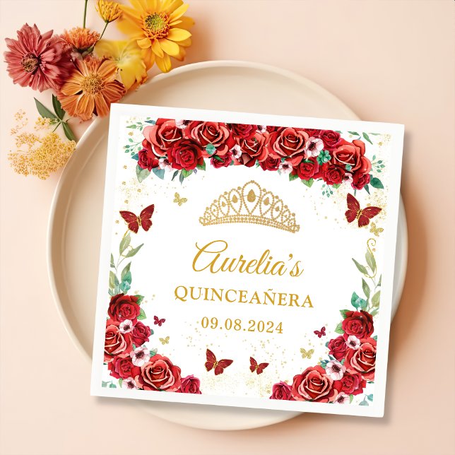 Guardanapo De Papel De Jantar Rosas vermelhas Borboletas Florais Quinceanera Nap (Criador carregado)