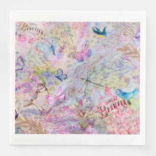 Guardanapo De Papel De Jantar Roteiro Dourado cor-de-rosa floral da borboleta