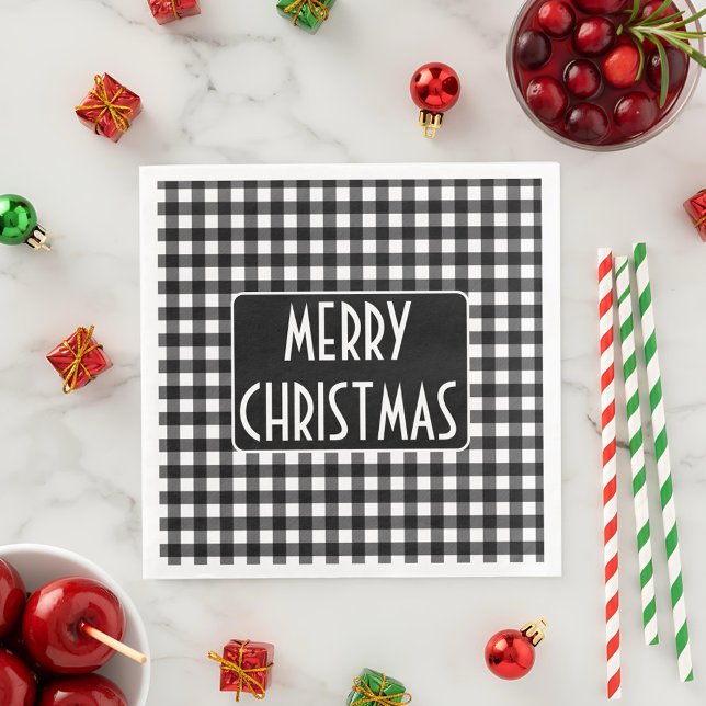 Guardanapo De Papel De Jantar Rustic Black & White Buffalo Plaid Merry Christmas (Criador carregado)