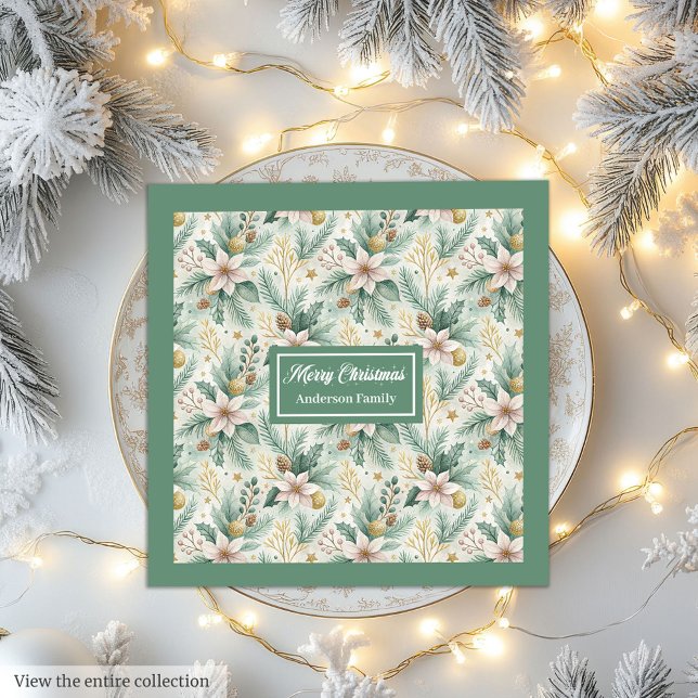 Guardanapo De Papel De Jantar Sage Green Custom Napkins Personalizado Feriado (Pastel Green and Gold Napkins Luxe Christmas Wrap)