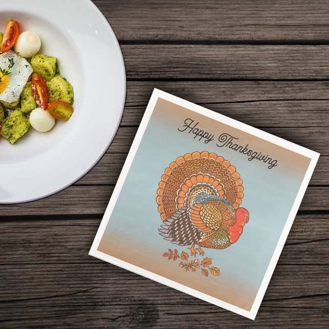 Guardanapo De Papel De Jantar Thanksgiving Male Turkey Fanned Tail Blue Orange (Male Turkey fanned tail Autumn leaves on blue burnt orange Thanksgiving paper napkins.)