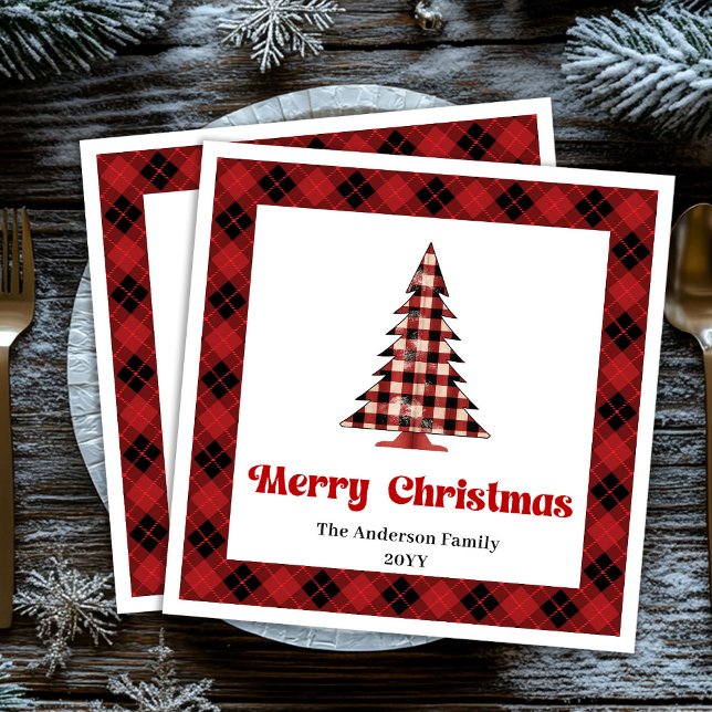 Guardanapo De Papel De Jantar Toalha de árvore xadrez vermelha e preta da moda N (Trendy Red Black Plaid Tree Napkin Custom Name)