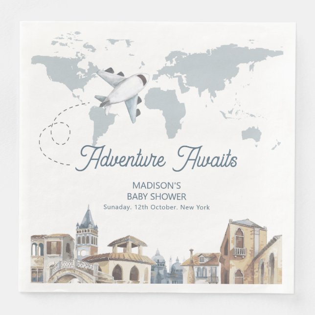 Guardanapo De Papel De Jantar Travel Adventure World Map Airplane Baby Shower  (Frente)