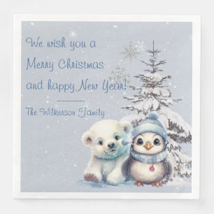 Guardanapo De Papel De Jantar Urso Polar Fofo e Pinguim no Natal do Polo Norte