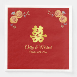 Guardanapo De Papel De Jantar Vermelho laranja floral casamento chinês dupla fel