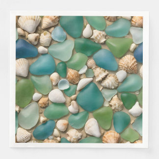 Guardanapo De Papel De Jantar Vidro de Praia Azul e Verde e Conchas do Mar