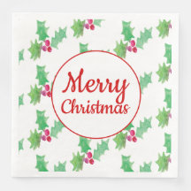 Watercolor Holly Berry Christmas Napkins