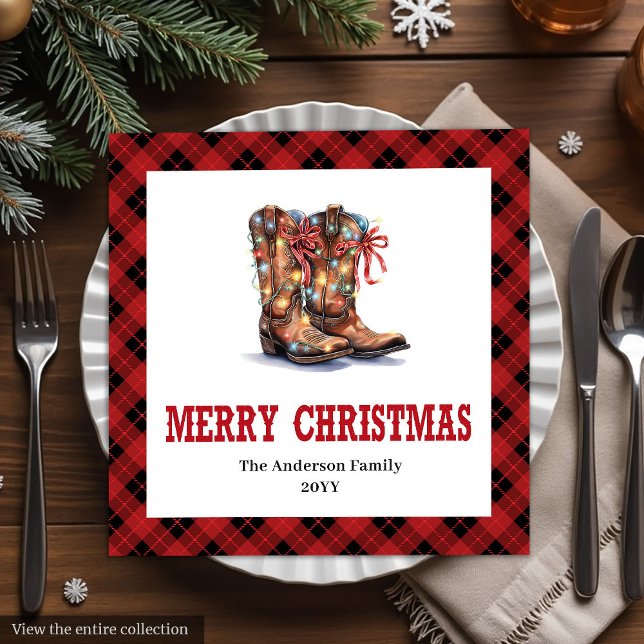 Guardanapo De Papel De Jantar Western Christmas napkins red black buffalo plaid (Western Christmas paper napkins,
Classic red and green tableware,
Editable Printable digital downloa)