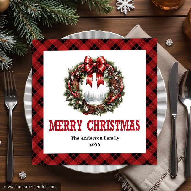 Guardanapo De Papel De Jantar Western Christmas wreath red black buffalo napkins (Western Christmas wreath red black buffalo napkins)