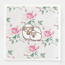 Guardanapo De Papel De Jantar White Sheep with Baby Lamb And Rose Flowers