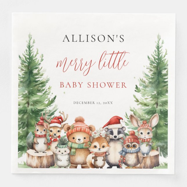 Guardanapo De Papel De Jantar Winter Woodland Merry Little Christmas Baby Shower (Frente)