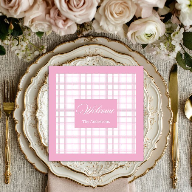 Guardanapo De Papel De Jantar Xadrez Personalizada Caráter Rosa Clássico Napkins (Personalized Plaid Napkins Classic Pink Charm)