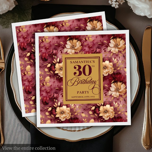 Guardanapo De Papel Decoração Dourada de aniversário de 30 anos embuti (Elegant Burgundy Blush Gold 30th Birthday Decor Napkins)