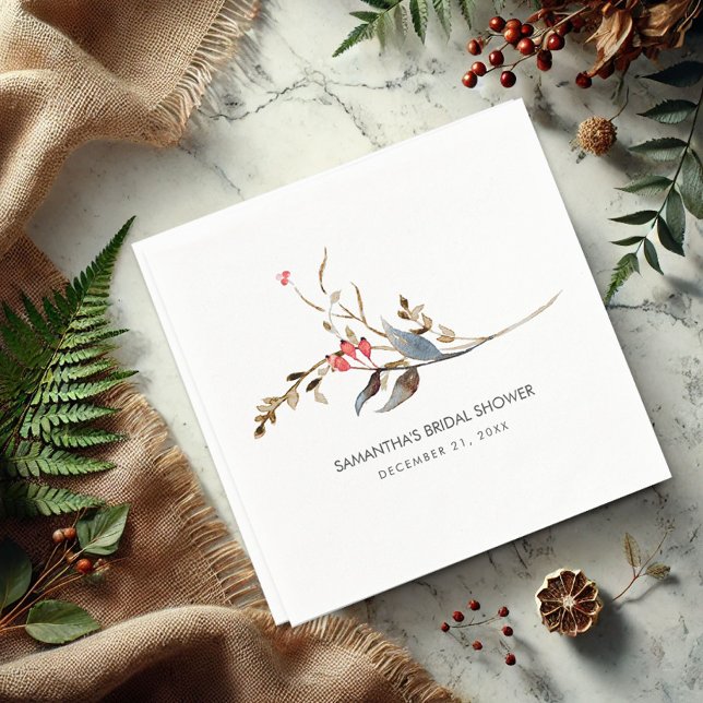 Guardanapo De Papel Decoração Personalizada de Nápoles Chá de panela (Rustic cocktail napkins watercolor twigs and berries personalized)