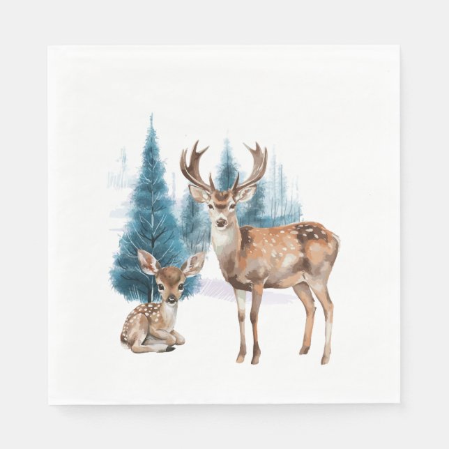Guardanapo De Papel Deer and doe with snowy pine tree (Frente)