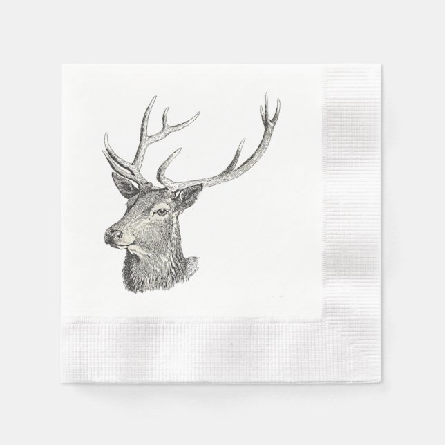 Guardanapo De Papel Deer Buck Head com Antlers Black and White Art (Frente)