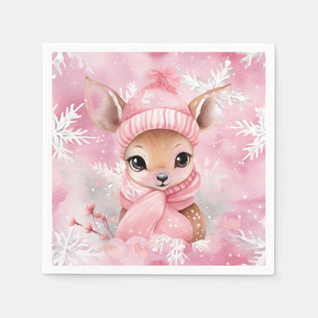 Guardanapo De Papel Deer Pink Hat Scarf Snowflake Winter Wonderland (Frente)