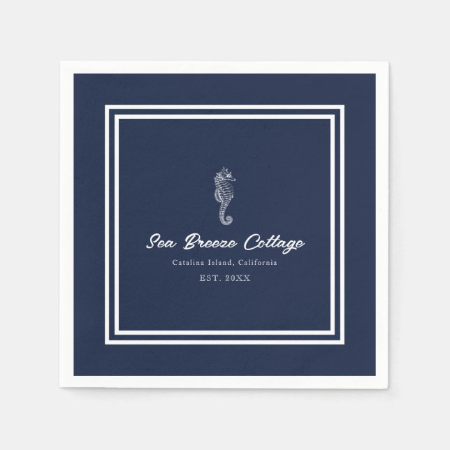 Guardanapo De Papel Delícia Náutica: Cavalo-marinho azul e branco (Frente)