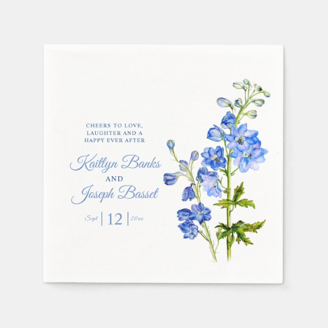 Guardanapo De Papel Delphinium floresce azul aquarela casamento (Frente)