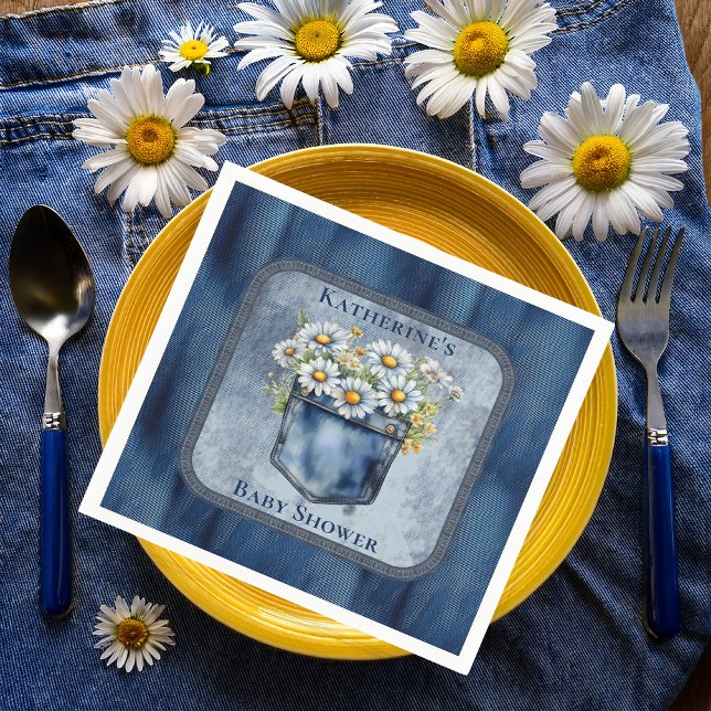Guardanapo De Papel Denim Blue Jean | Daisies Floral Chá de fraldas (Blue Jean Pocket Denim and Daisies Baby Shower Paper Napkins)