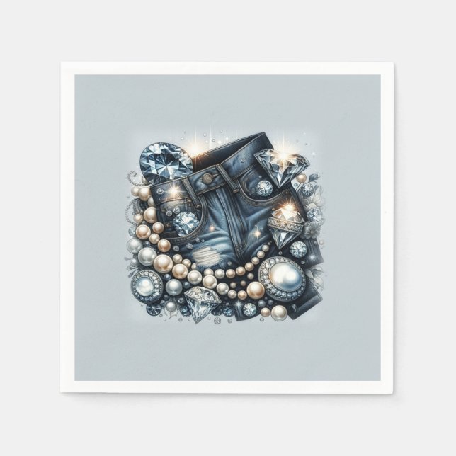 Guardanapo De Papel Denim Diamantes e Pérolas Jeans Bling Party (Frente)