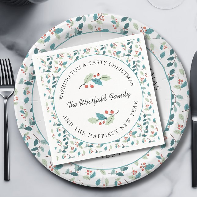 Guardanapo De Papel Desejando-lhe uma festa de Natal desagradável (Wishing You a Tasty Christmas Holly and Red Berries Paper Napkin)