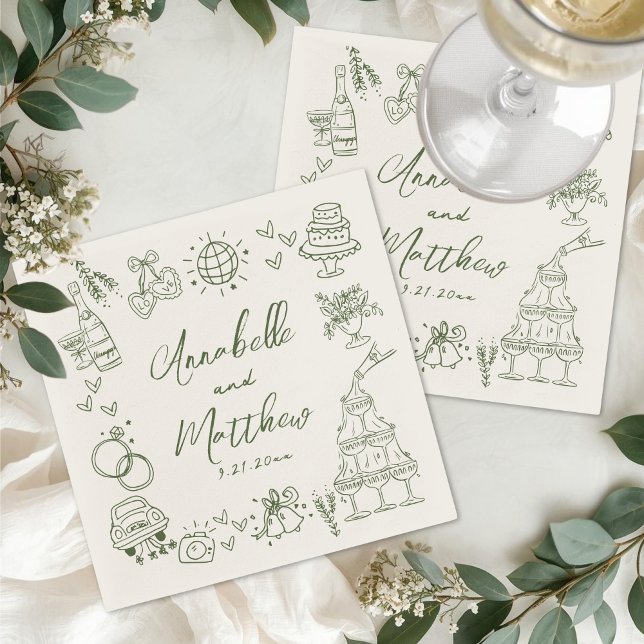 Guardanapo De Papel Desenho à Mão Verde Casamento Retro (Hand Drawn Green Retro Wedding Napkins)