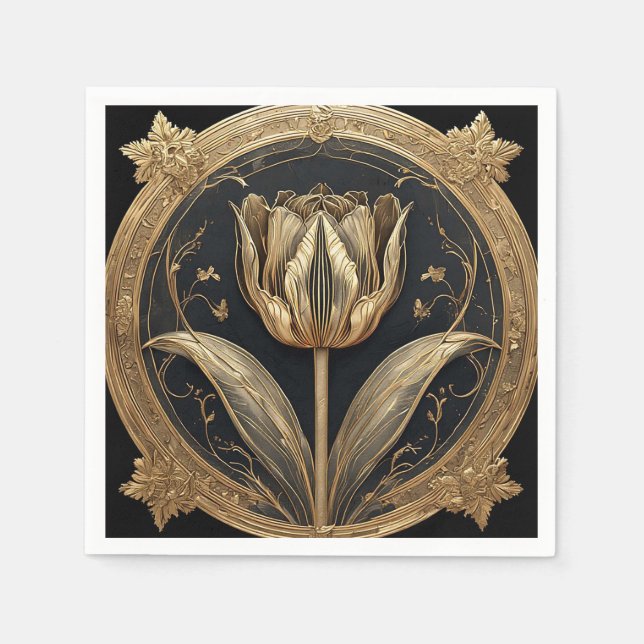Guardanapo De Papel Desenho de Tulipa Dourada e Preta (Frente)