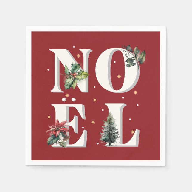 Guardanapo De Papel Design de texto de Noël com lindas plantas de inve (Frente)