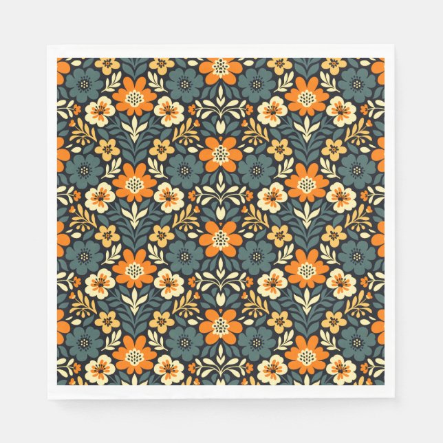Guardanapo De Papel Design Floral Moderno Laranja e Azul Turquesa (Frente)