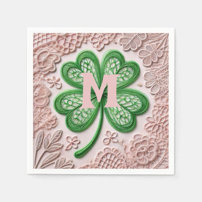 Guardanapo De Papel Dia de São Patrício verde de shamrock com renda mo (Frente)