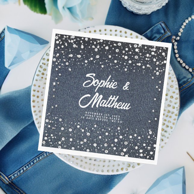 Guardanapo De Papel Diamantes de Ganga Pérolas Azuis Casal Chá de Noiv (denim pearls couple wedding shower personalized napkin blue jeans white coed his hers jack jill chic)