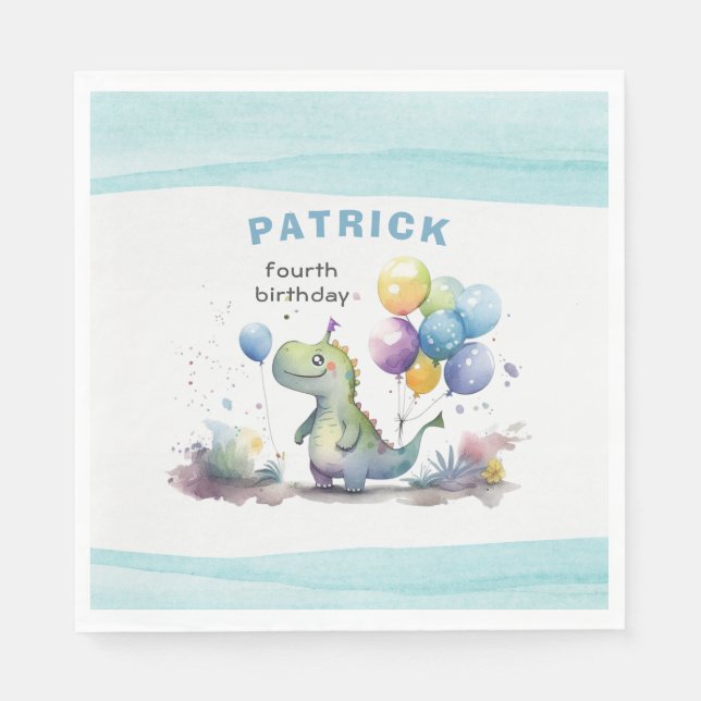 Guardanapo De Papel Dino Party Watercolor Boy Blue Birday (Frente)