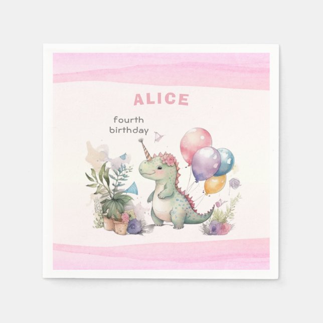 Guardanapo De Papel Dino Party Watercolor Girl Pink Birday (Frente)