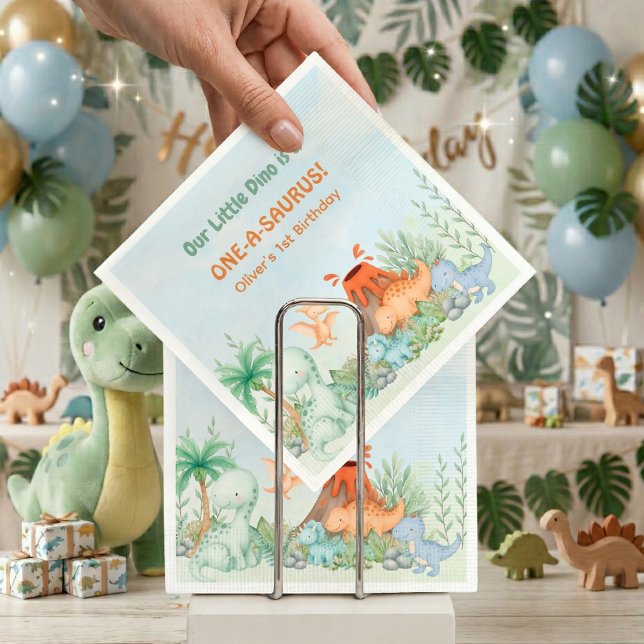 Guardanapo De Papel Dinosaur One-A-Saurus 1º Aniversário (One-A-Saurus Dinosaur 1st Birthday Paper Napkins)