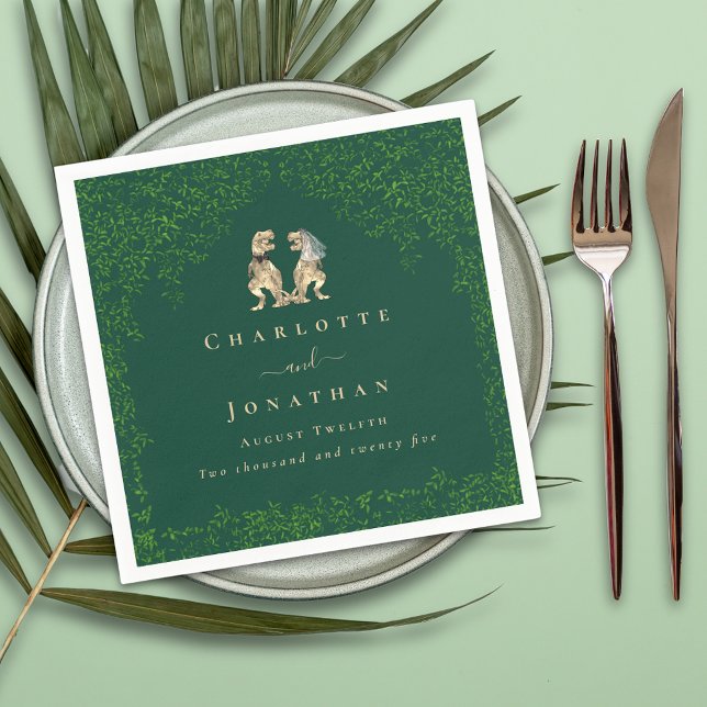 Guardanapo De Papel Dinossaur Wedding Dark Green (dinosaur bride and groom wedding Jurassic eucalyptus foliage custom napkins)