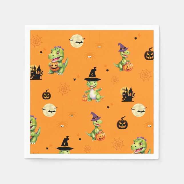 Guardanapo De Papel Dinossauro bonito joga truque de abóbora para trat (Frente)