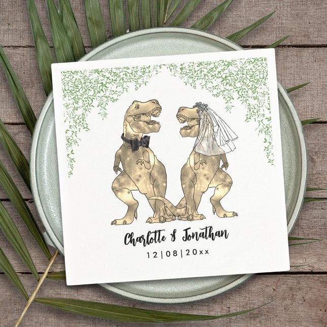 Guardanapo De Papel Dinossauro Pareceu Personalizado De Casamento (Dinosaur themed wedding with fun T-Rex bride and groom with  Jurassic jungle foliage custom napkin)