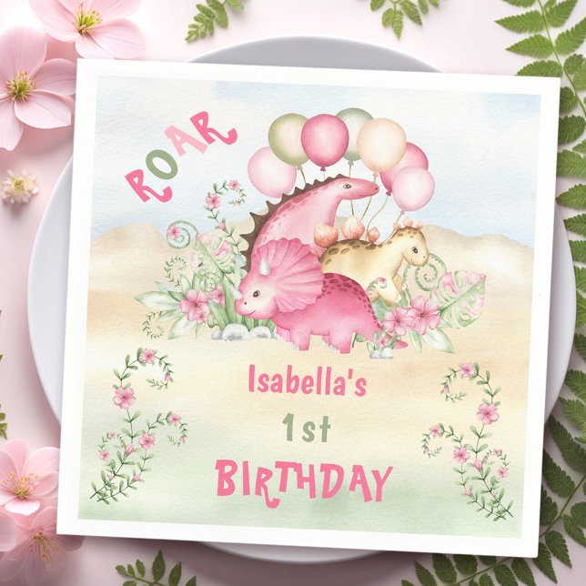 Guardanapo De Papel Dinossauro Rapariga Rosa Pastel primeiro aniversar (Dinosaur Girl Pink Pastel Cute Floral 1st Birthday Napkins)