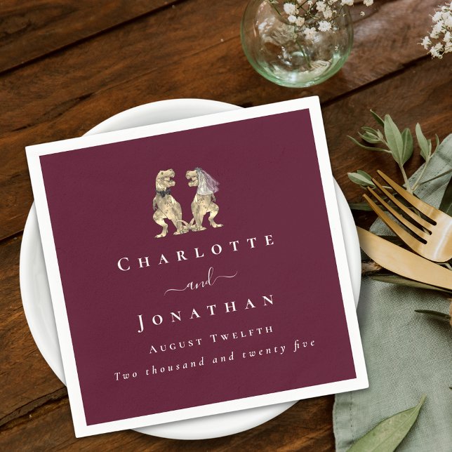Guardanapo De Papel Dinossauro Tema Casamento Personalizado Burgundy C (Dinosaur theme wedding burgundy and ivory cream custom napkins T-Rex bride and groom elegant script)