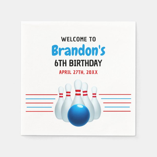 Guardanapo De Papel Diversão Azul e Boliche Vermelha Crianças 6 de Ani (Frente)