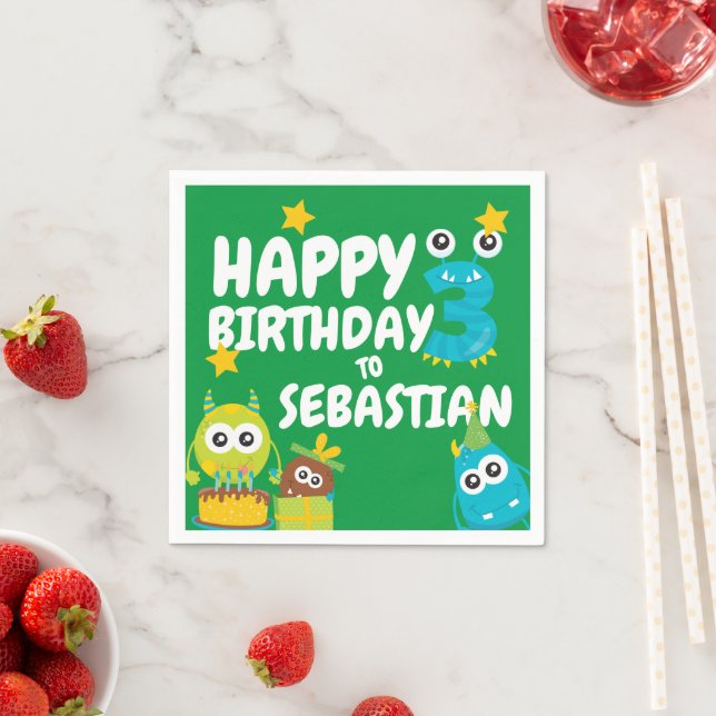Guardanapo De Papel Diversão de Monstro com Três Anos Personalizado (Insitu)