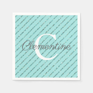 Guardanapo De Papel Diversão Girly Teal Blue Glitter Strips Monograma