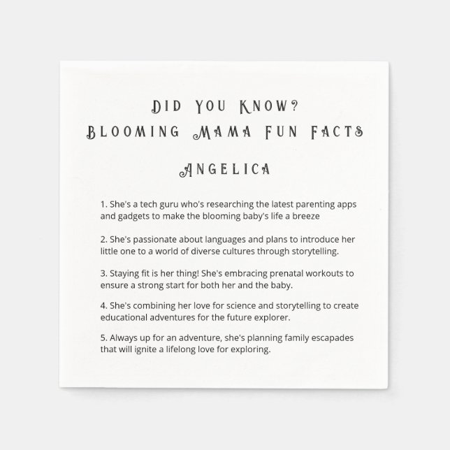 GUARDANAPO DE PAPEL DIVERSÃO VOCÊ SABIA FATOZINHOS DA MAMÃE CHÁ DE BEB (Frente)