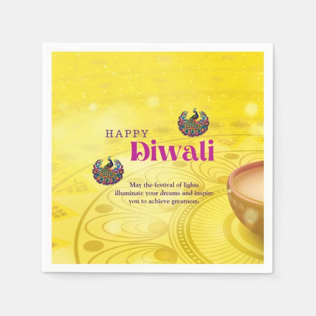 Guardanapo De Papel Diwali Yellow Mandala Lamp Peacock Personalizado (Frente)