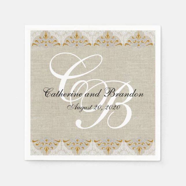 Guardanapo de papel do casamento rústico de linho (Frente)