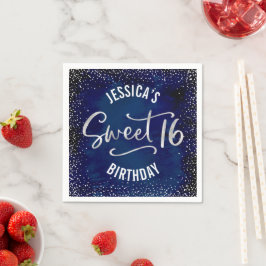 Guardanapo De Papel Doce 16 Aniversário Azul Naval Aquarela Prata Glam
