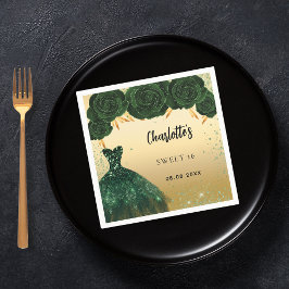 Guardanapo De Papel Doce 16 flores verdes esmeraldas, flores douradas